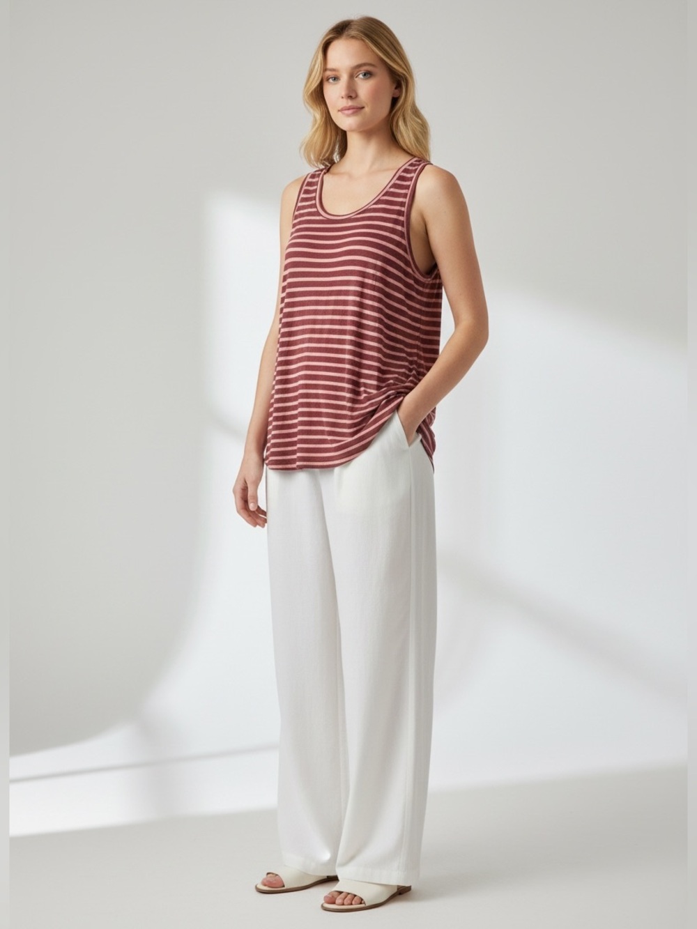 CAbi Striped Scoop Neck Tank in Rose and Burgundy